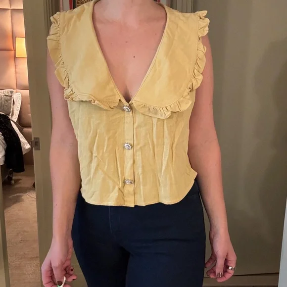 Yellow Ruffle Button-Up Women's Top - Picture 3 of 5